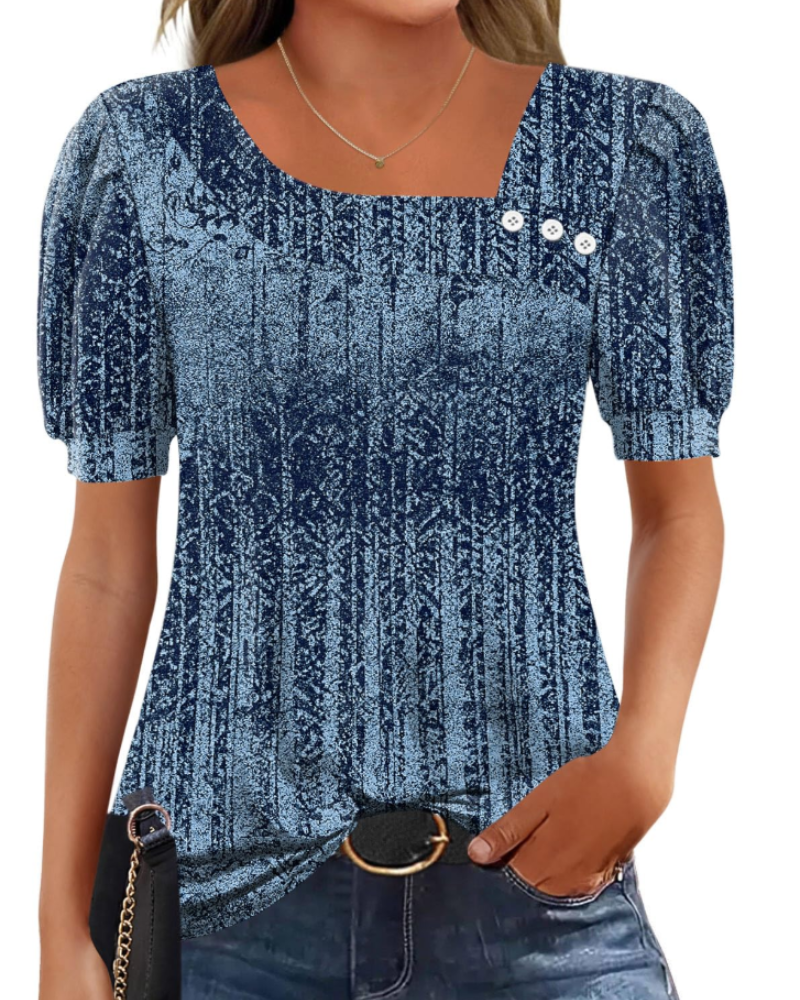 Samira Damen-Top – Asymmetrische Bluse mit quadratischem Ausschnitt und Knöpfen, elegante kurze Ärmel