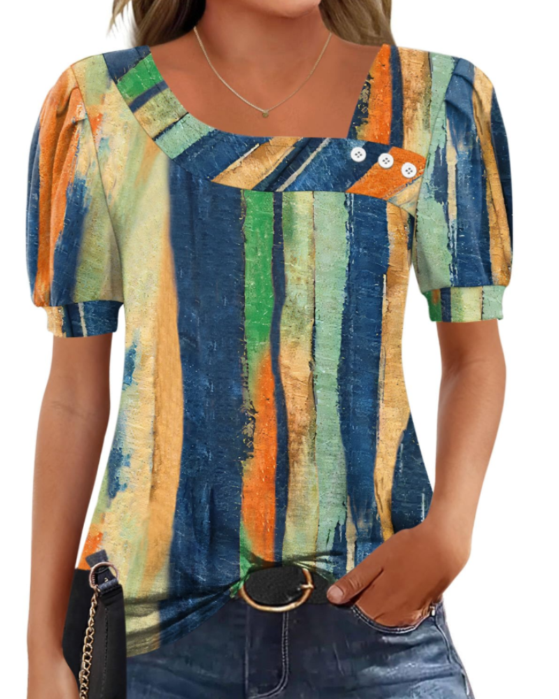 Samira Damen-Top – Asymmetrische Bluse mit quadratischem Ausschnitt und Knöpfen, elegante kurze Ärmel