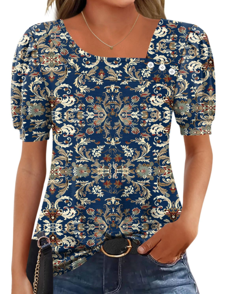 Samira Damen-Top – Asymmetrische Bluse mit quadratischem Ausschnitt und Knöpfen, elegante kurze Ärmel