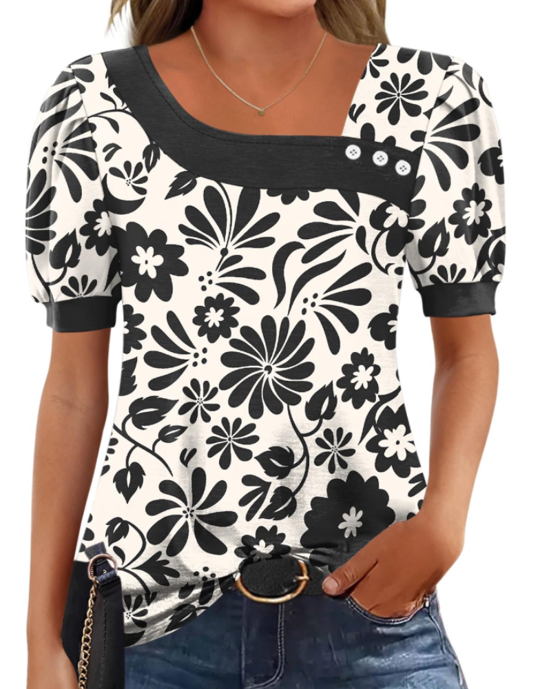 Samira Damen-Top – Asymmetrische Bluse mit quadratischem Ausschnitt und Knöpfen, elegante kurze Ärmel