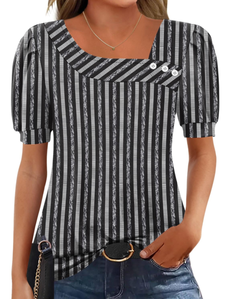 Samira Damen-Top – Asymmetrische Bluse mit quadratischem Ausschnitt und Knöpfen, elegante kurze Ärmel