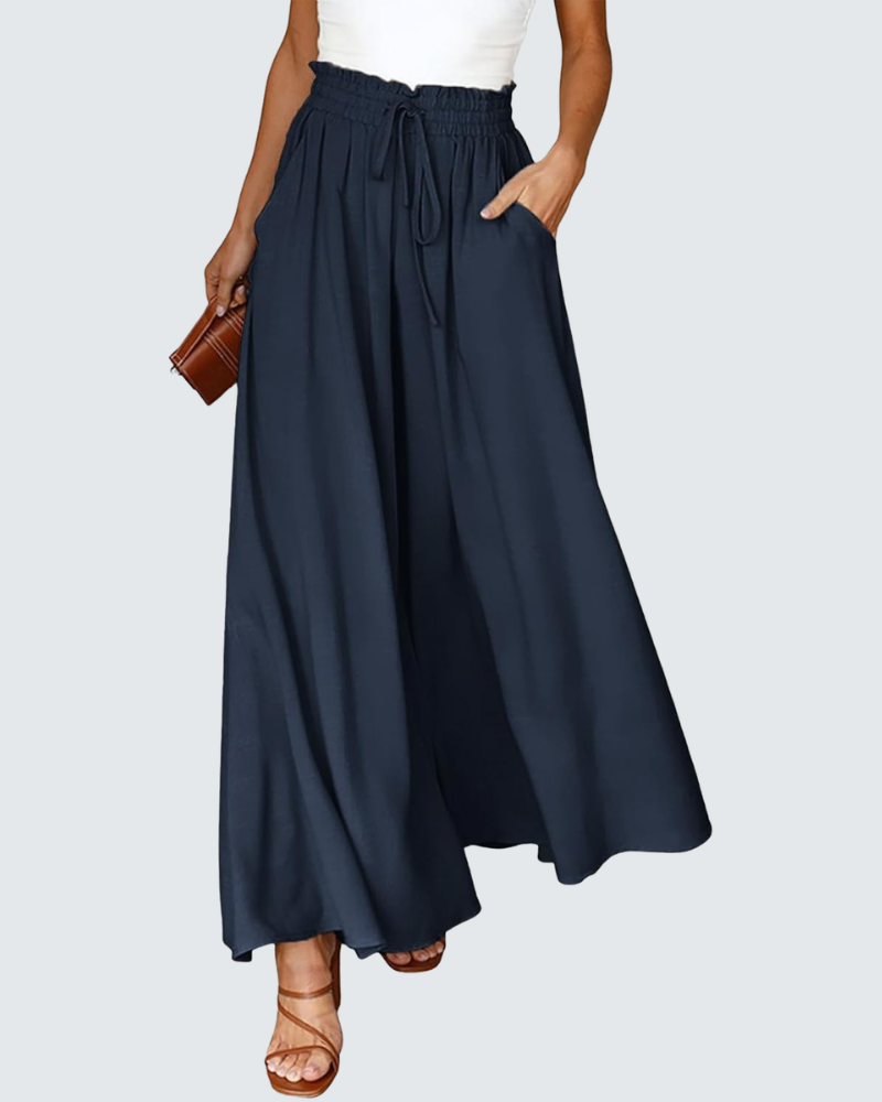 Sara Pantalón Palazzo Mujer – Pantalón Ancho de Cintura Alta con Bolsillos y Cordón