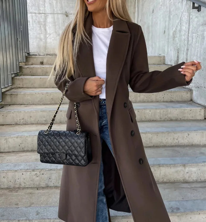 Grace Women's Wool Coat – Long Double-Breasted Coat with Structured Cut & Elegant Style