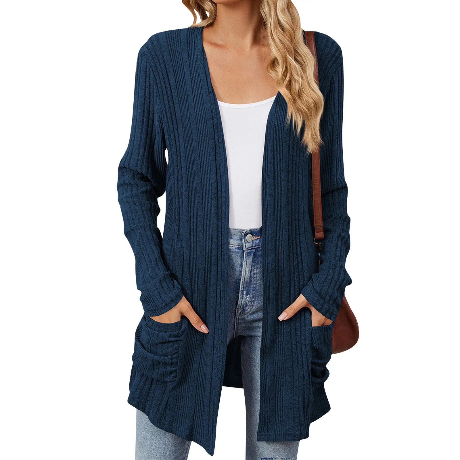 Isabelle kardigan dugi ženski – otvoreni rebrasti pleteni prsluk s džepovima i ležernim krojem