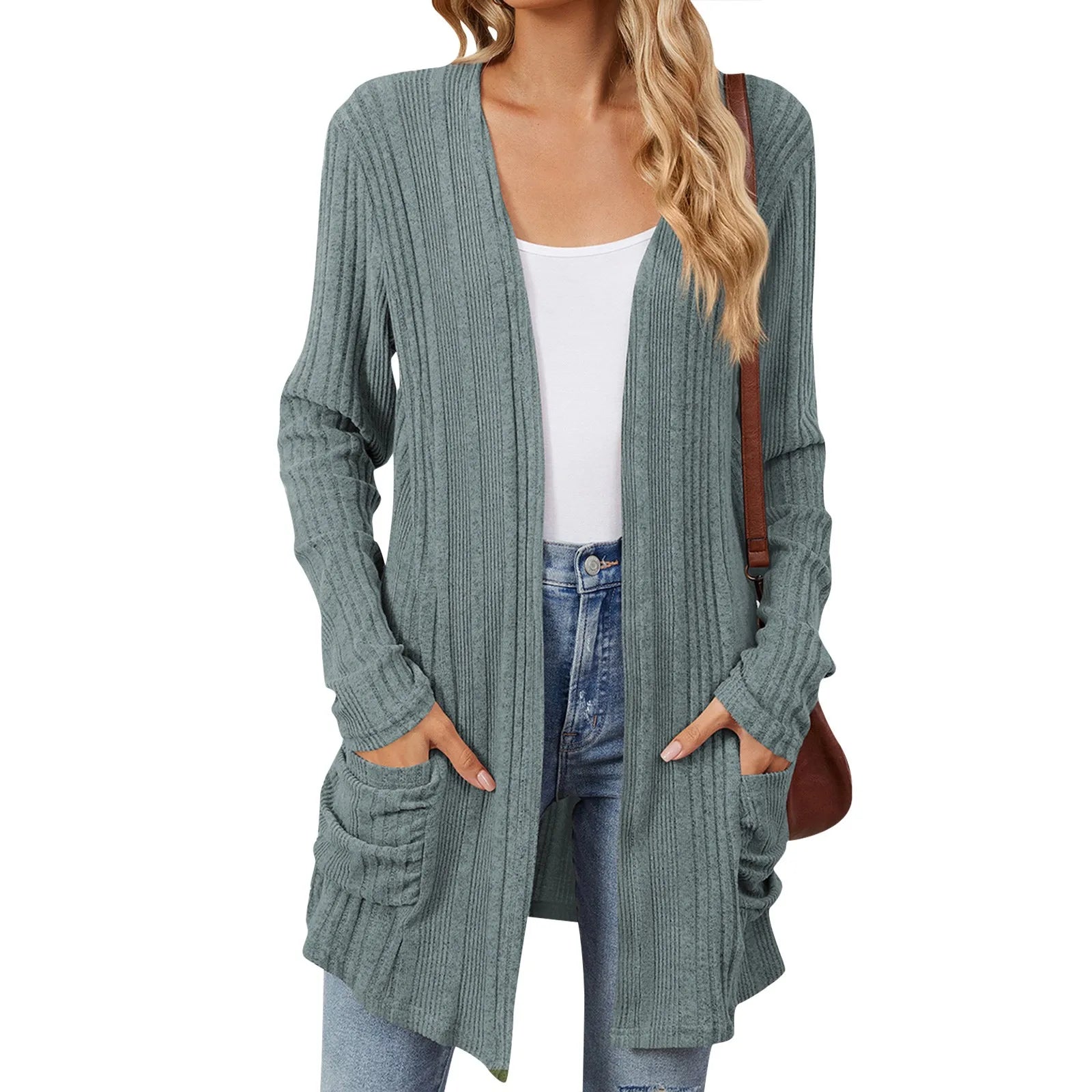 Isabelle Damen langer Cardigan – Offener gerippter Strickweste mit Taschen & lässiger Passform