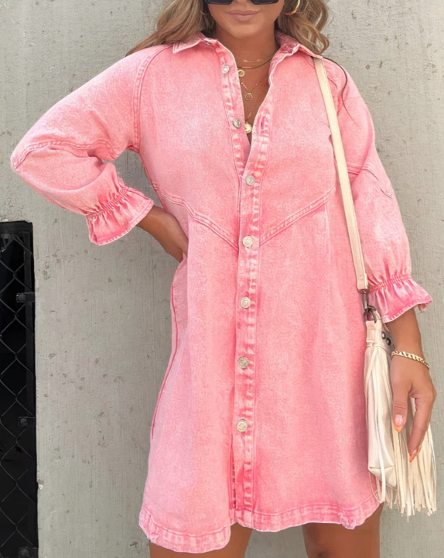 Namy Woman's Denim Dress - Abito da camicia con colletto, maniche da 3/4 e taglio svasato
