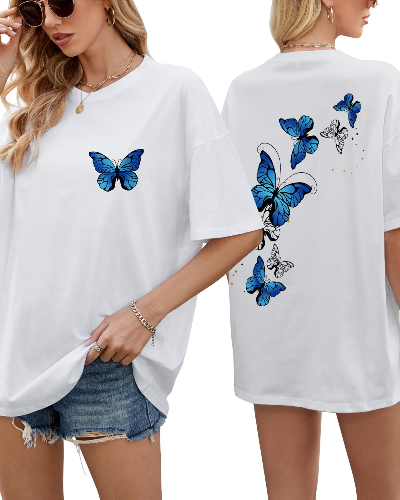 Sloane T-Shirt Oversize Femme – Tee Vintage en Coton avec Imprimé Papillon & Coupe Loose
