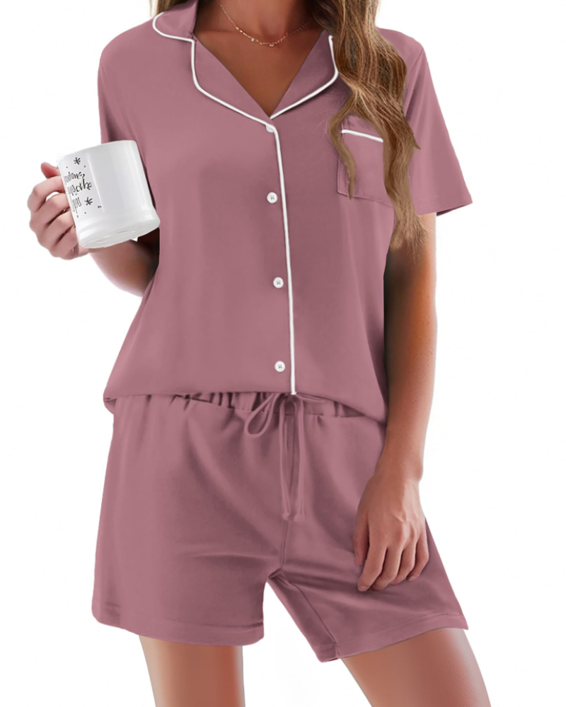 Conjunto de Pijama Feminino Sophie – Conjunto de Noite 2 Peças Macio com Botões & Calção Confortável