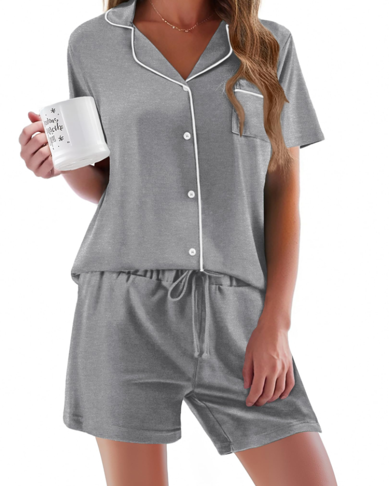 Conjunto de Pijama Feminino Sophie – Conjunto de Noite 2 Peças Macio com Botões & Calção Confortável