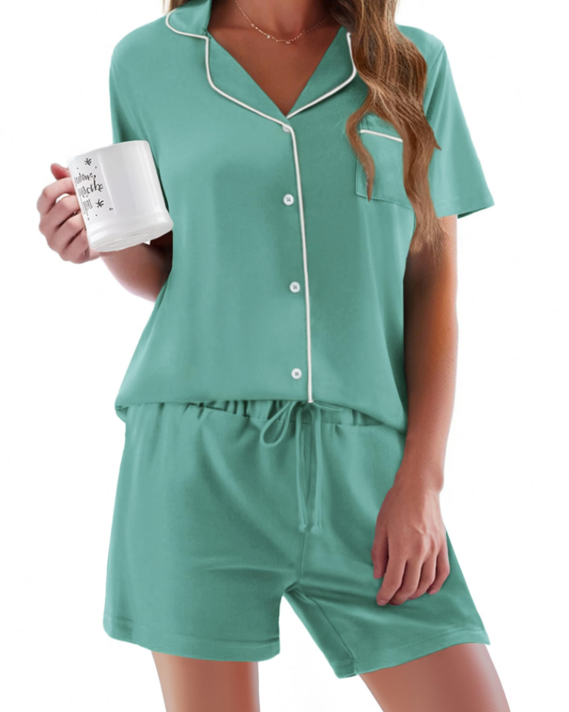 Conjunto de Pijama Feminino Sophie – Conjunto de Noite 2 Peças Macio com Botões & Calção Confortável