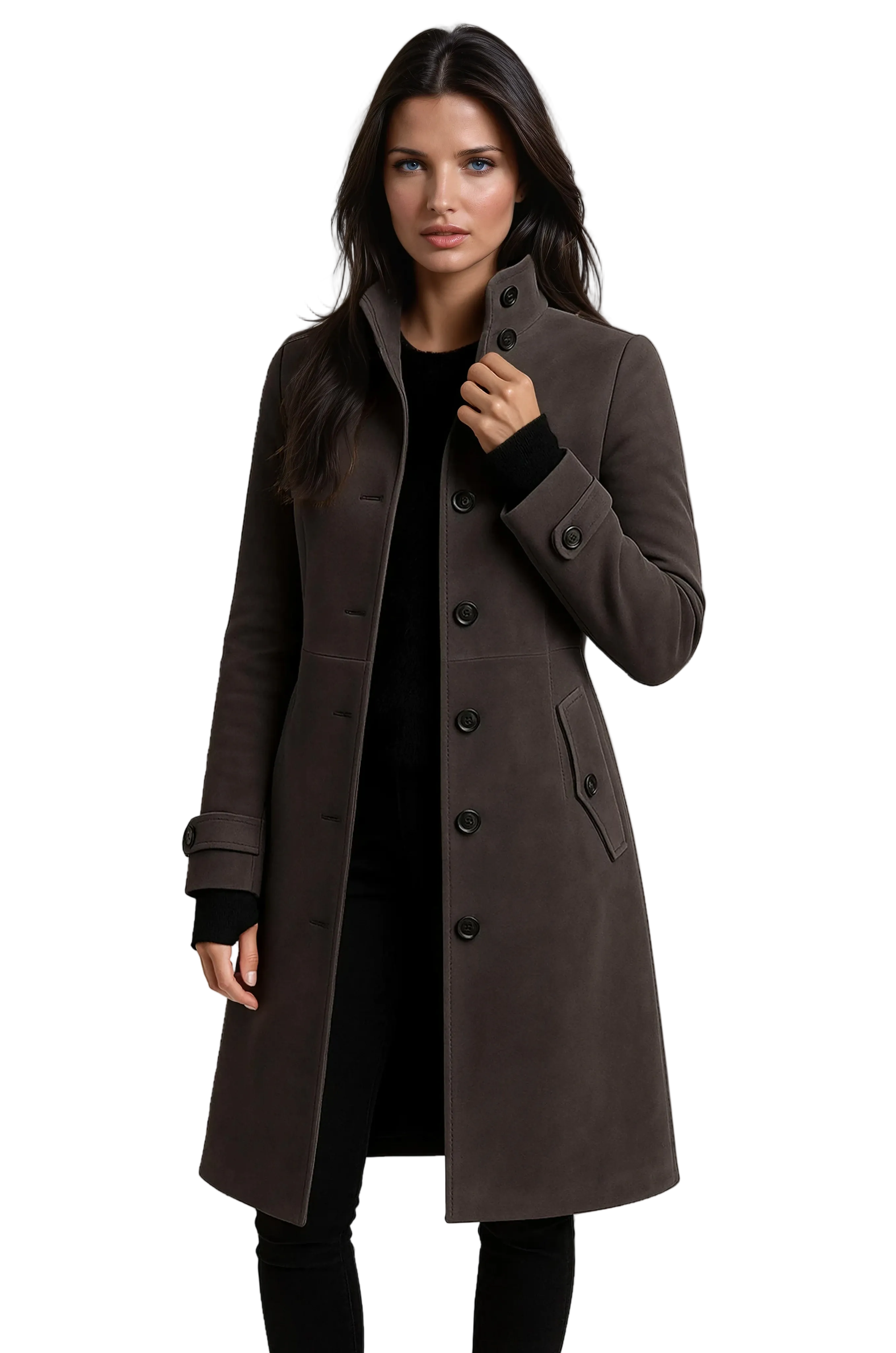 Sandy Damen-Trenchcoat – Wintermantel mit hohem Kragen & elegant tailliertem Schnitt