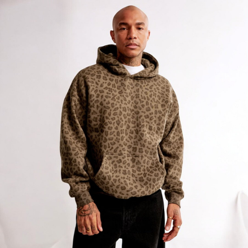 Andrew Sweatshirt com capuz para homem – Corte largo descontraído e padrão de leopardo moderno