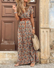 Langes Kleid Damen Sanne – Boho-Sommerkleid mit Ibiza-Print, V-Ausschnitt & elastischem Bund