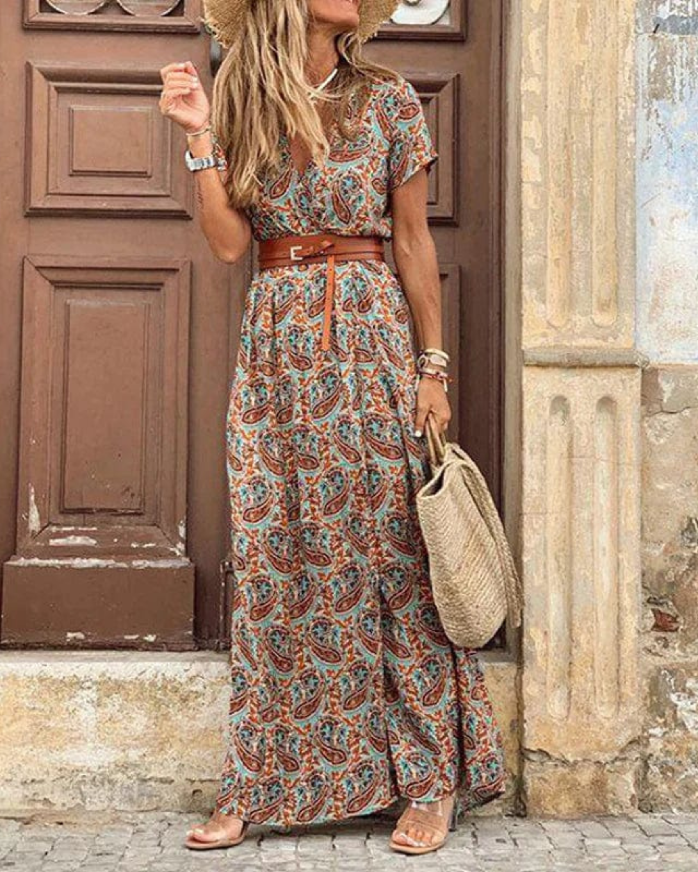 Langes Kleid Damen Sanne – Boho-Sommerkleid mit Ibiza-Print, V-Ausschnitt & elastischem Bund