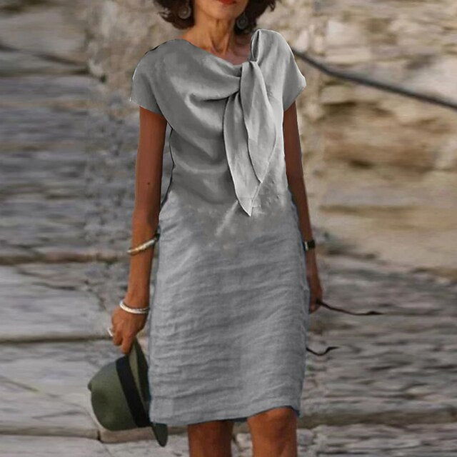 Ava Leinenkleid Damen – Dekorativer Knoten, lässig-schicker Stil & natürliche Leichtigkeit