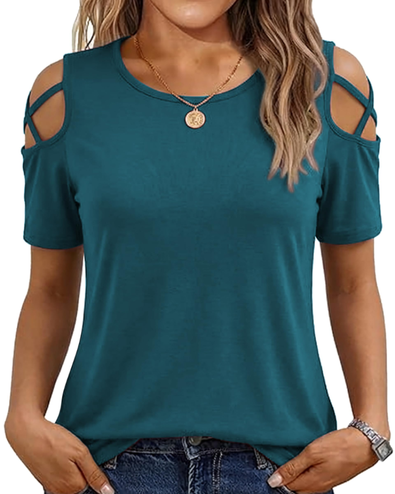 Vina top dames – T-shirt met blote schouders, vloeiende high-low pasvorm en trendy zomerstijl