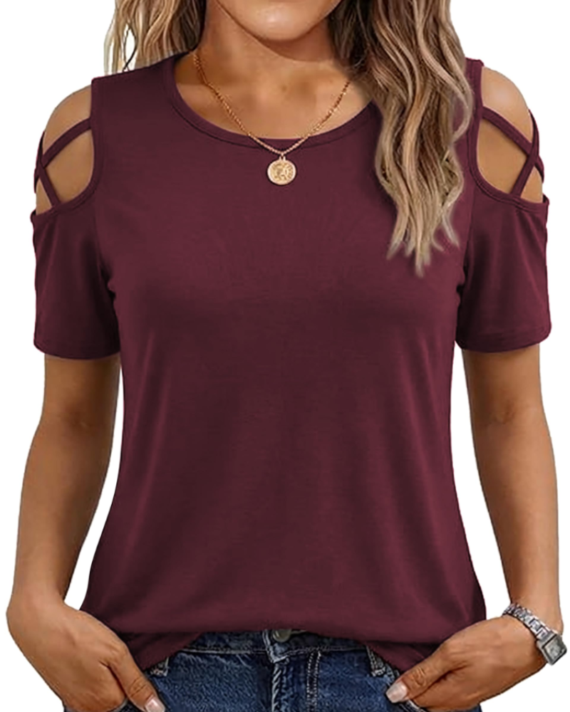 Vina top dames – T-shirt met blote schouders, vloeiende high-low pasvorm en trendy zomerstijl