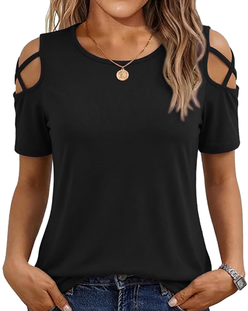 Vina top dames – T-shirt met blote schouders, vloeiende high-low pasvorm en trendy zomerstijl
