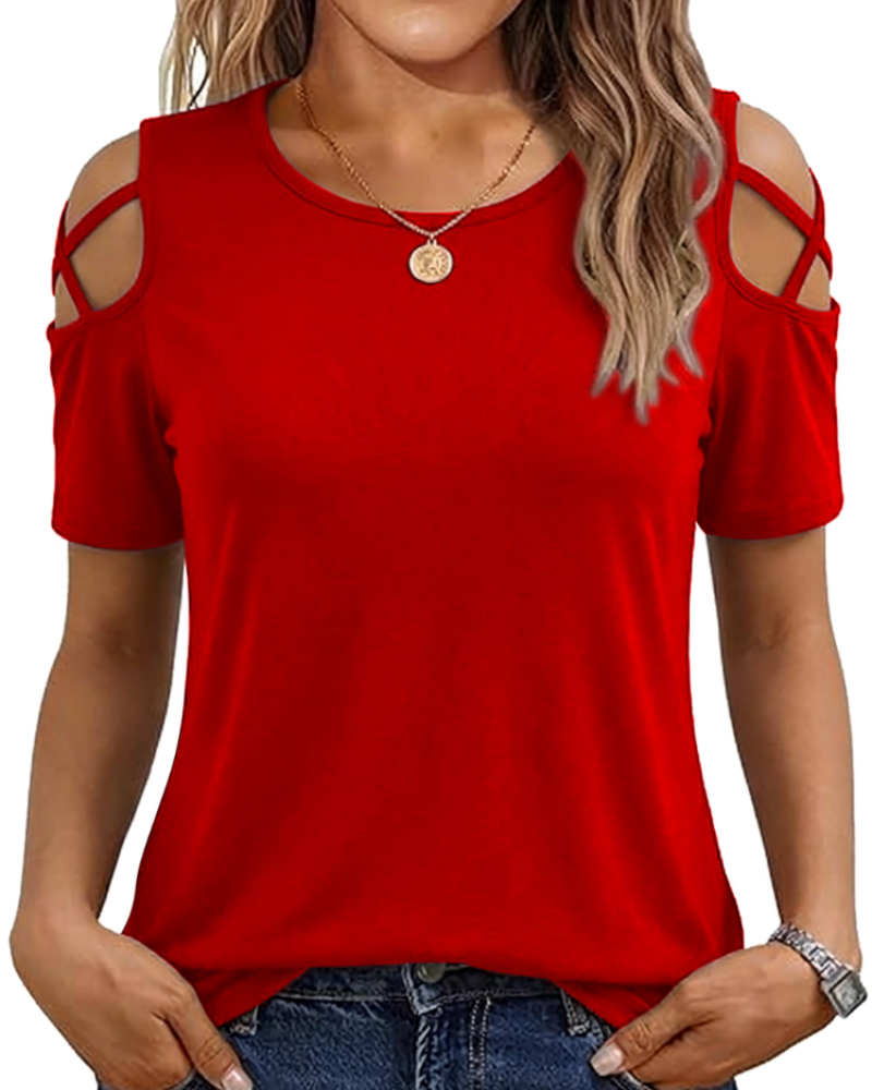 Vina top dames – T-shirt met blote schouders, vloeiende high-low pasvorm en trendy zomerstijl