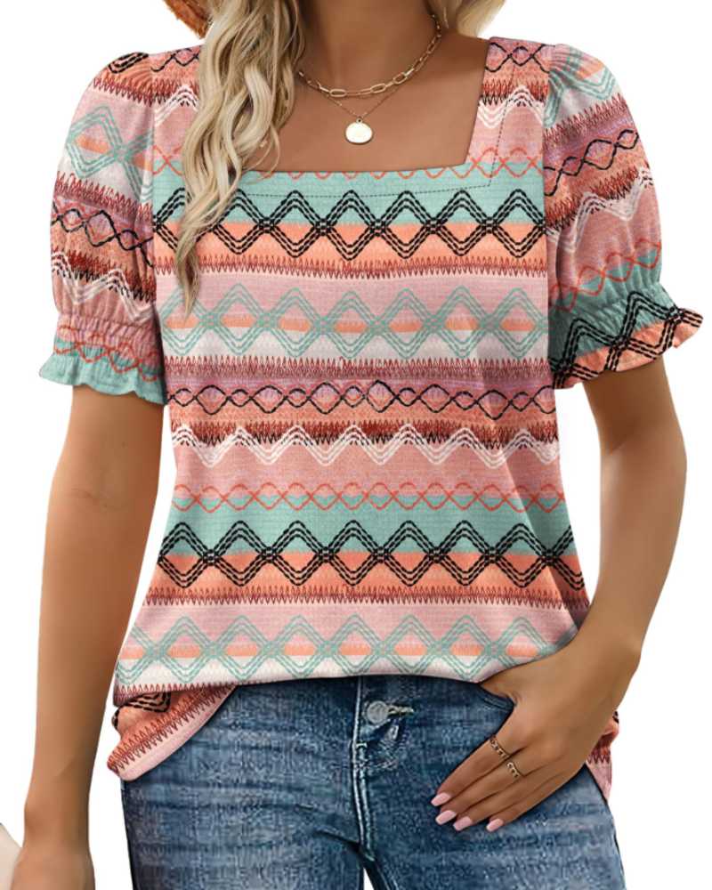Vira Top Femme – T-shirt med firkantet hals og flæseærmer, elegant sommerpasform