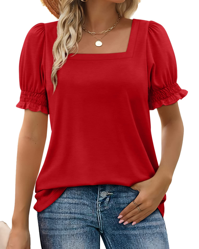 Vira Top Femme – T-shirt med firkantet hals og flæseærmer, elegant sommerpasform
