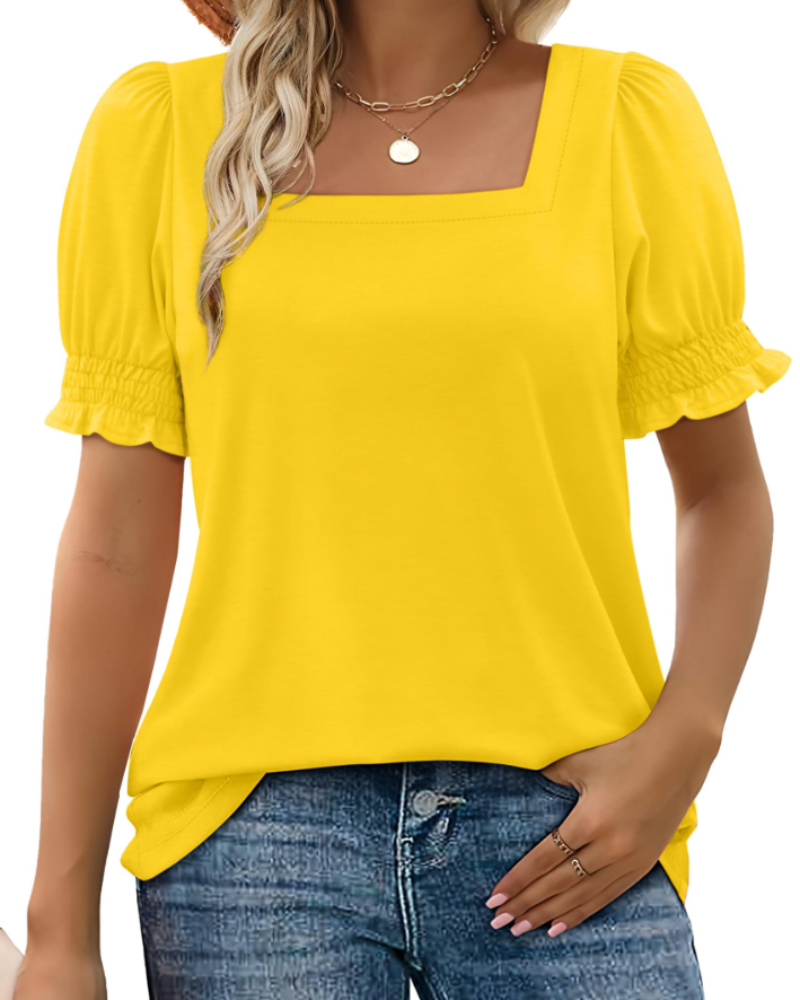 Vira Top Femme – T-shirt med firkantet hals og flæseærmer, elegant sommerpasform