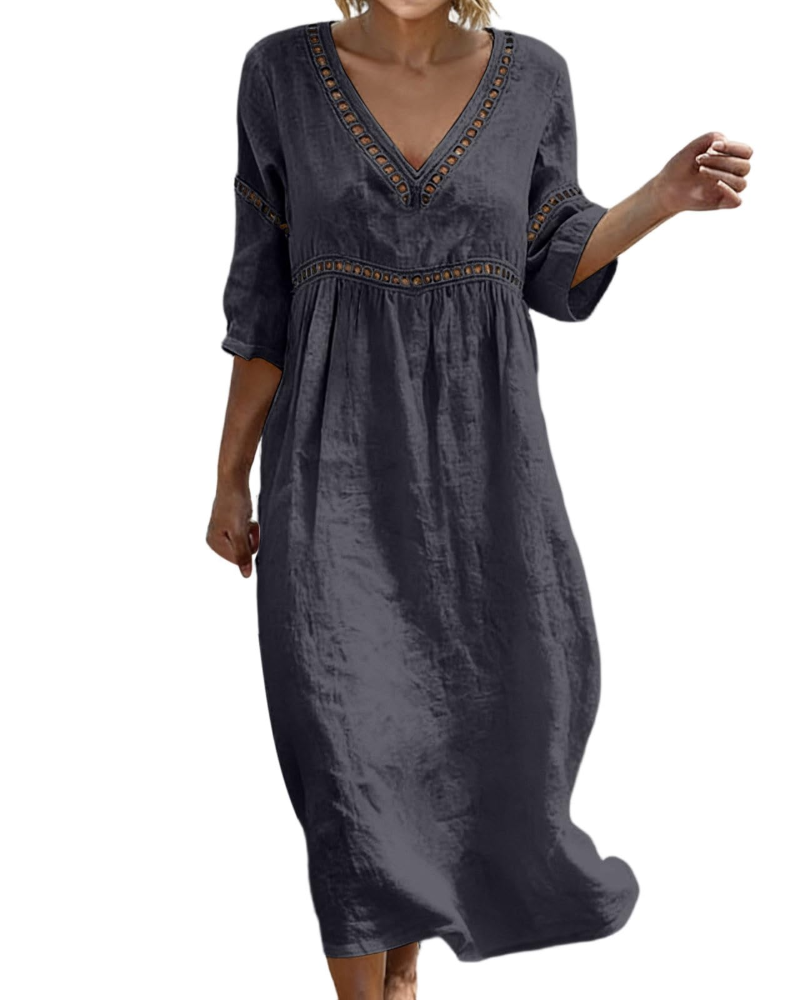 Rosalie Damen Langkleid aus Baumwolle und Leinen – V-Ausschnitt, 3/4-Ärmel, Boho-Stil