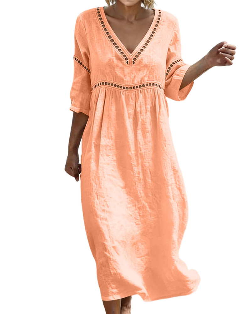 Rosalie Damen Langkleid aus Baumwolle und Leinen – V-Ausschnitt, 3/4-Ärmel, Boho-Stil