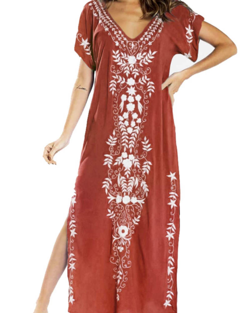 Vestido Kaftan Boémio Gwendolyn para Mulher – Vestido de Praia Bordado Oversize Tamanho Único