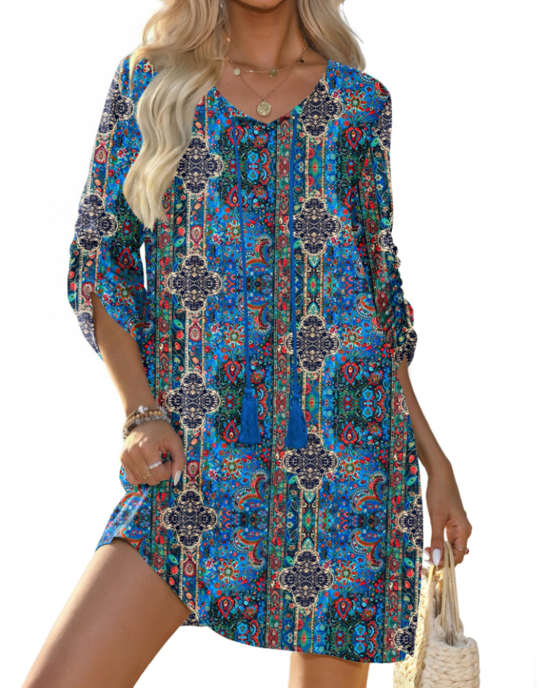 Vestido Túnica Boémia para Mulher Eleanor – Vestido com Decote em V em Viscose com Mangas 3/4 Estampado