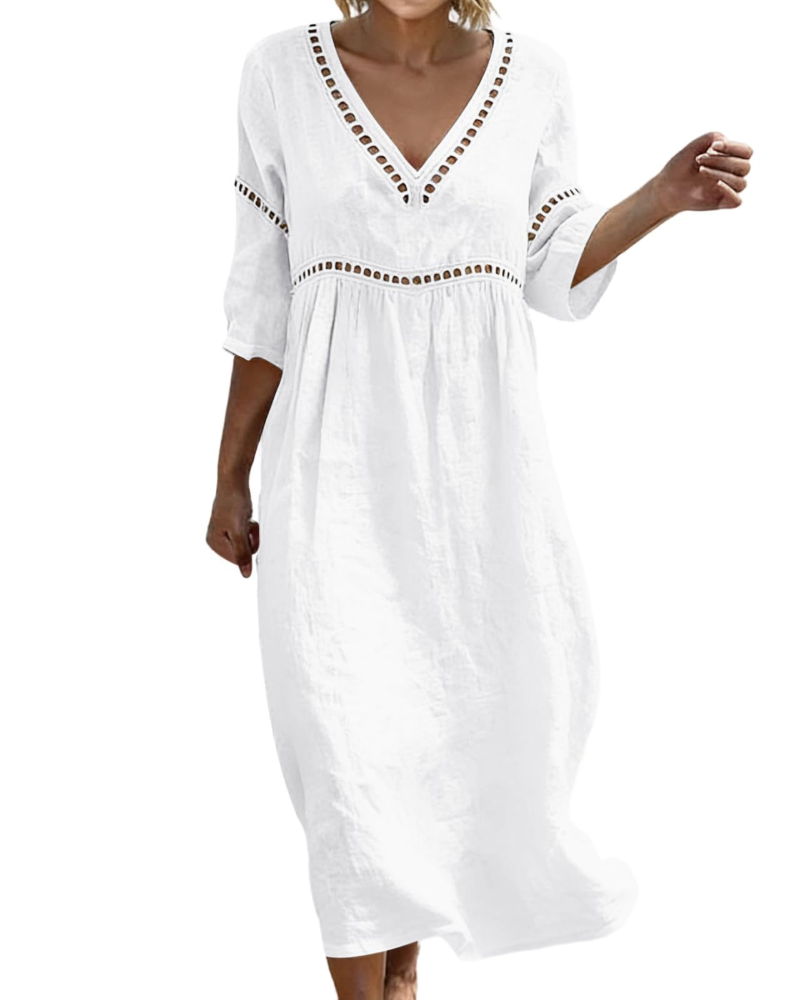 Rosalie Damen Langkleid aus Baumwolle und Leinen – V-Ausschnitt, 3/4-Ärmel, Boho-Stil