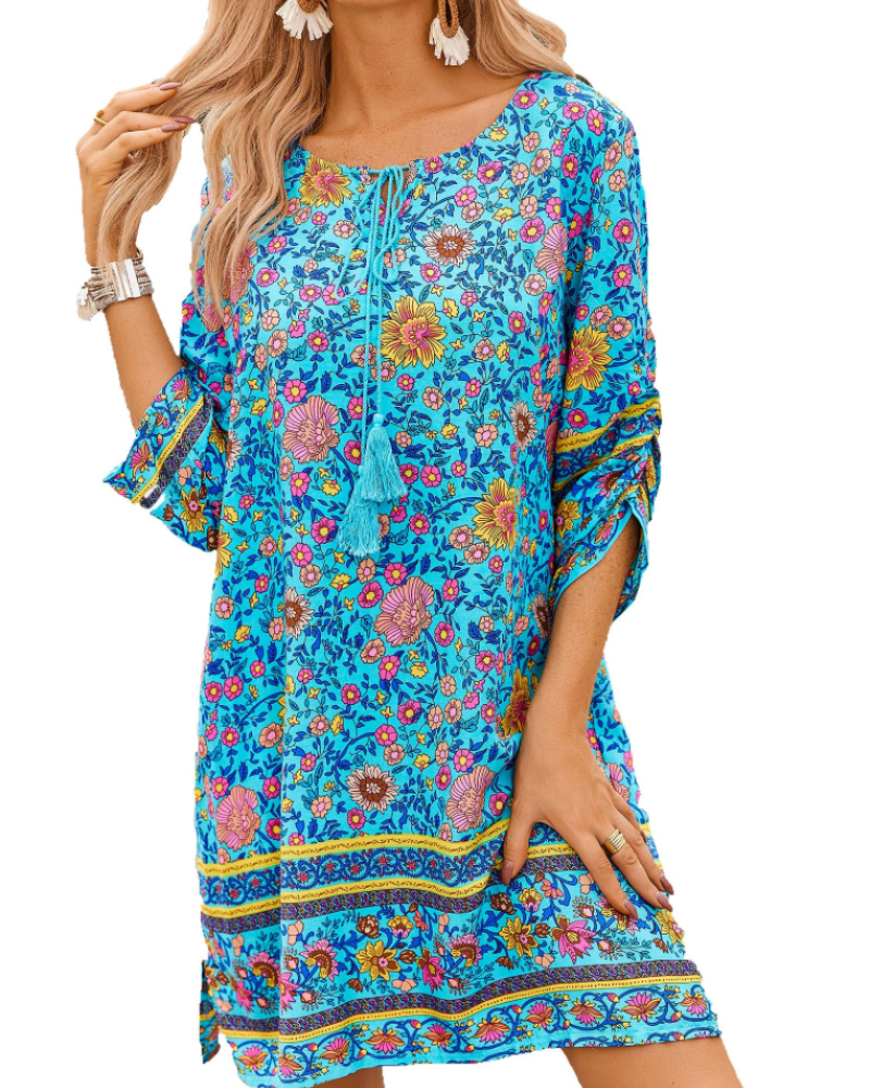 Vestido Túnica Boémia para Mulher Eleanor – Vestido com Decote em V em Viscose com Mangas 3/4 Estampado
