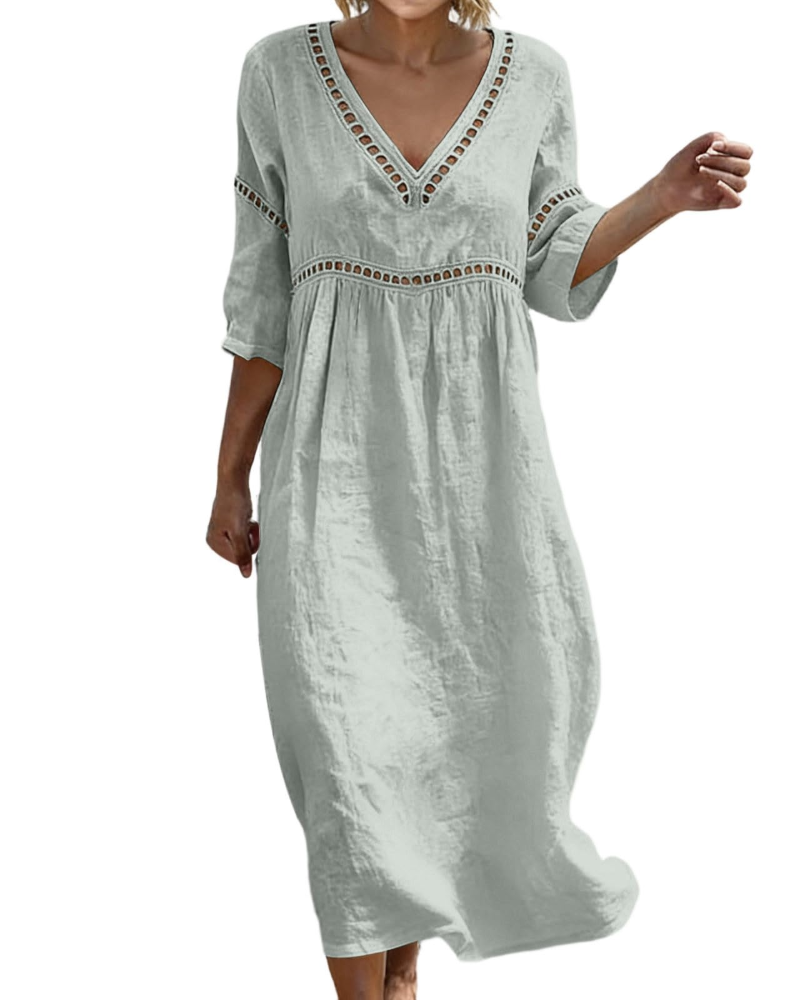 Rosalie Damen Langkleid aus Baumwolle und Leinen – V-Ausschnitt, 3/4-Ärmel, Boho-Stil