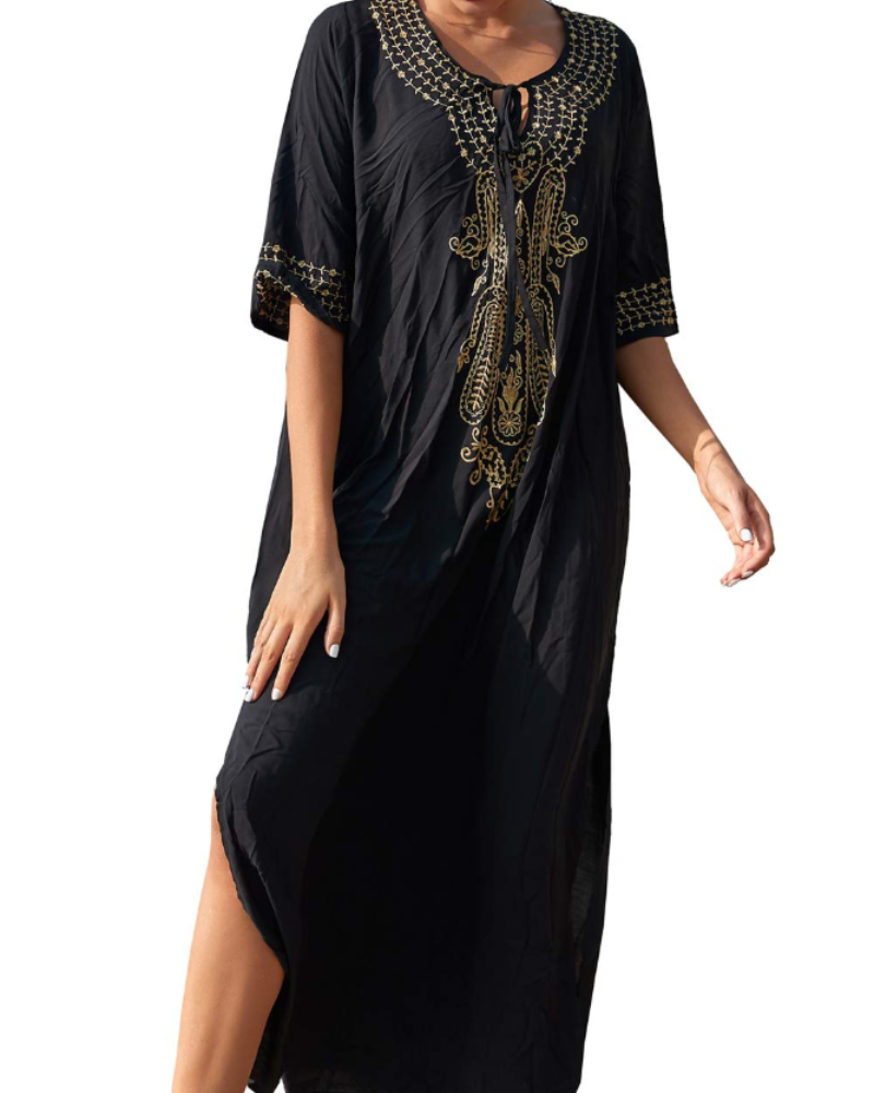 Vestido Kaftan Boémio Gwendolyn para Mulher – Vestido de Praia Bordado Oversize Tamanho Único
