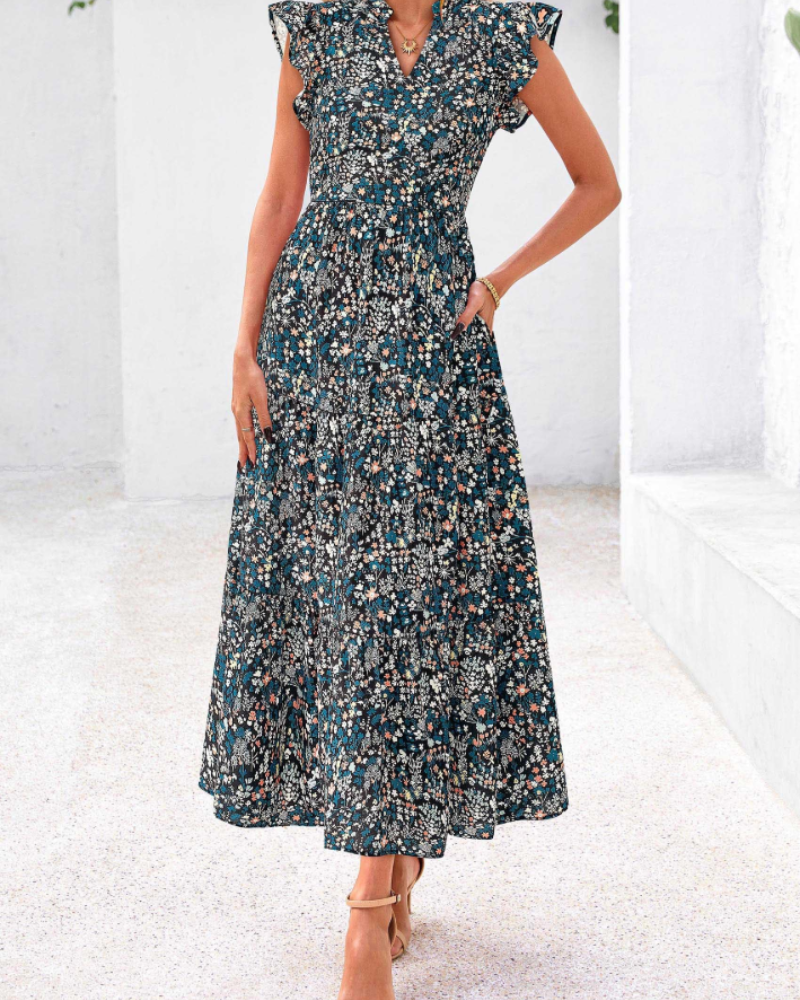 Vestido Midi Feminino Olivia Floral – Decote em V Boémio com Folhos e Bolsos