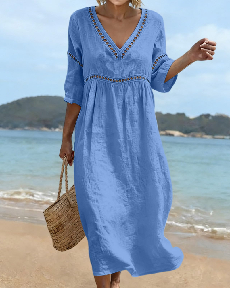 Vestido Longo Rosalie em Algodão e Linho para Mulher – Decote em V, Mangas 3/4, Estilo Boémio