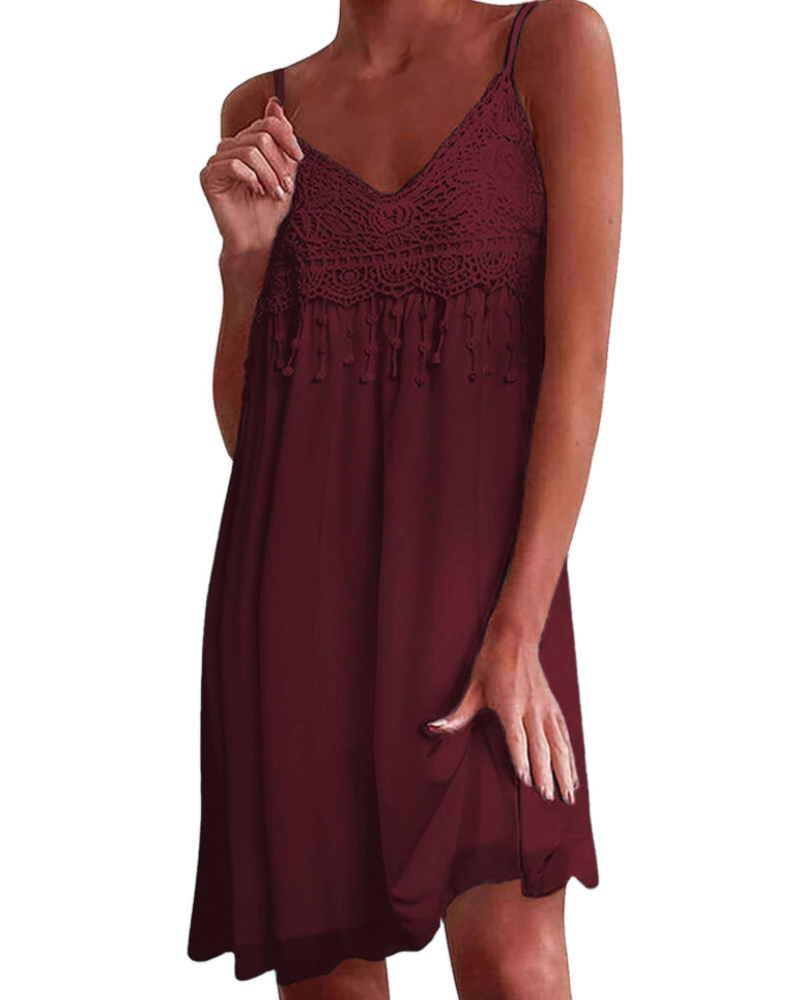 Vestido Mini Bohème Nerissa para Mulher – Decote em V com Alças Ajustáveis, Renda e Franjas