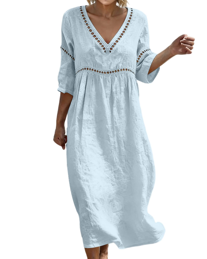 Rosalie Damen Langkleid aus Baumwolle und Leinen – V-Ausschnitt, 3/4-Ärmel, Boho-Stil