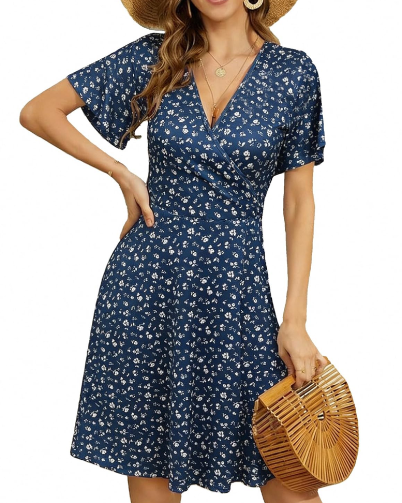 Vestido Marissa para Mulher – Vestido Midi Floral com Decote em V e Mangas com Folhos