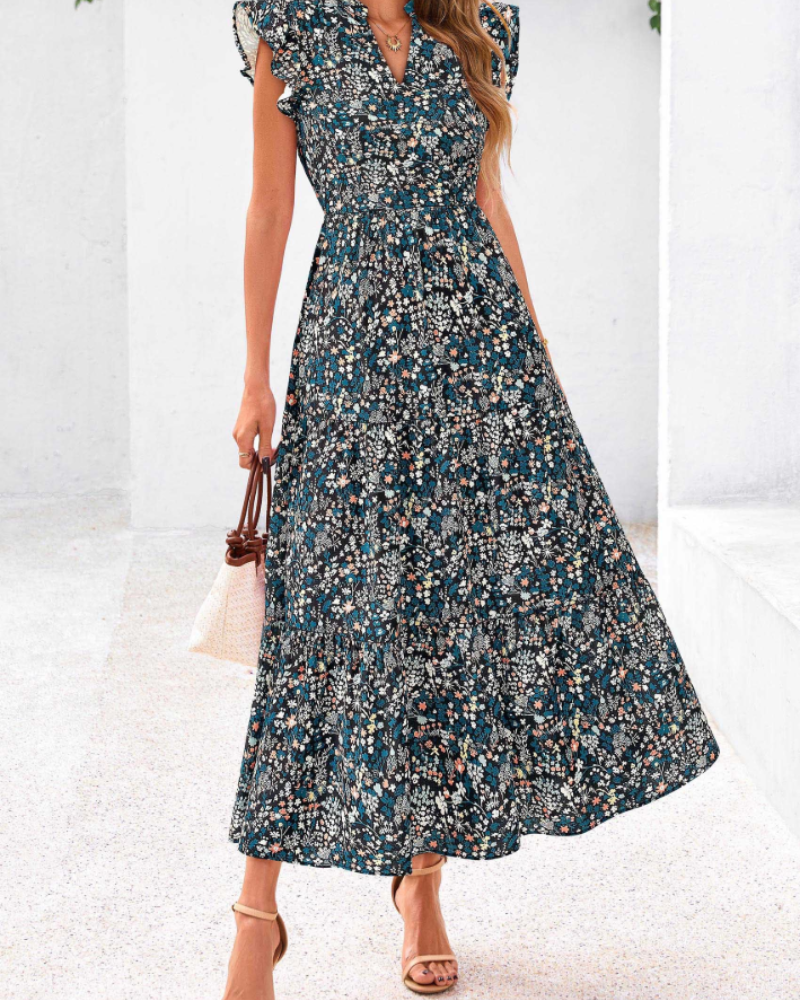Olivia Damen-Midikleid mit Blumenmuster – Boho-V-Ausschnitt mit Volants und Taschen