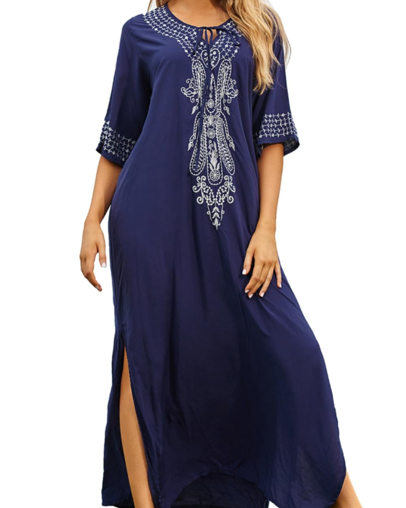 Isadora Kaftan Bohème Mulher – Vestido de Praia Oversize Bordado Estilo Resort