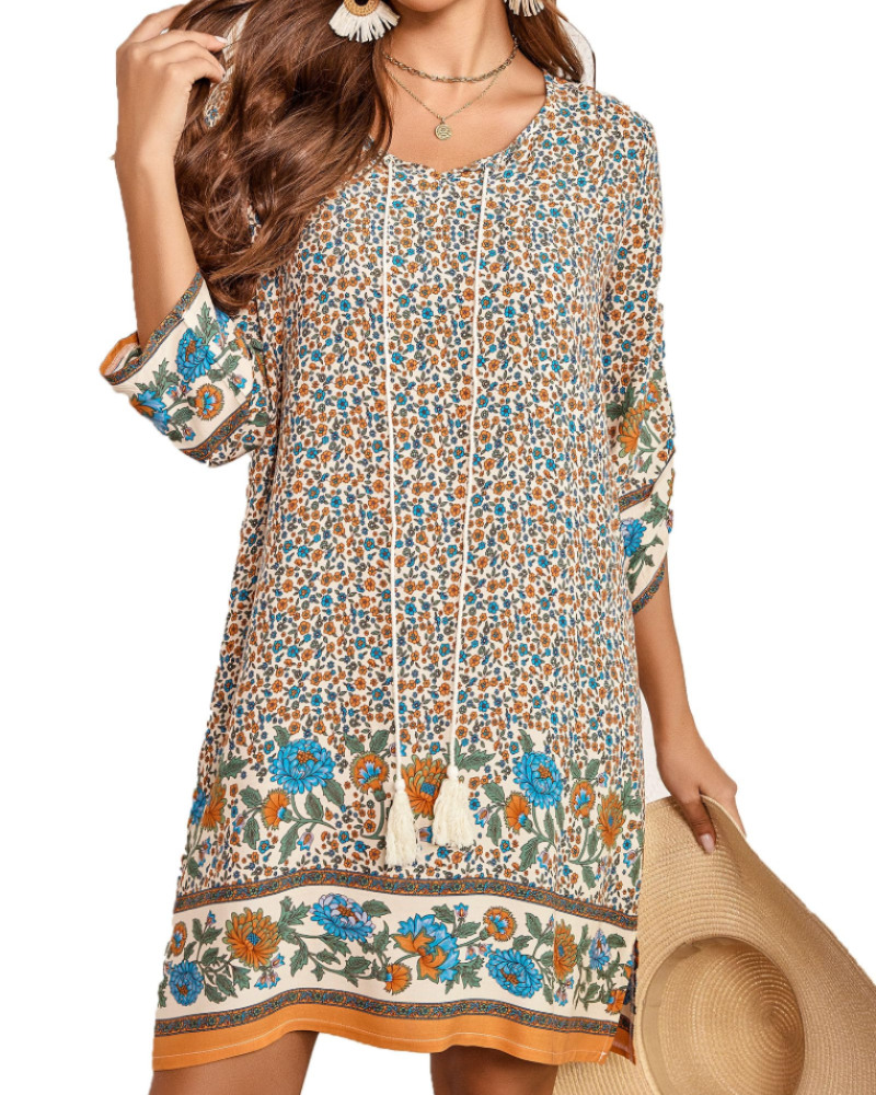Vestido Túnica Boémia para Mulher Eleanor – Vestido com Decote em V em Viscose com Mangas 3/4 Estampado