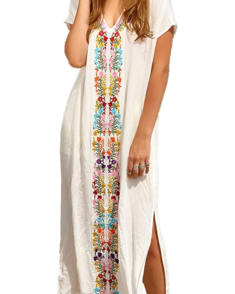 Vestido Kaftan Boémio Gwendolyn para Mulher – Vestido de Praia Bordado Oversize Tamanho Único