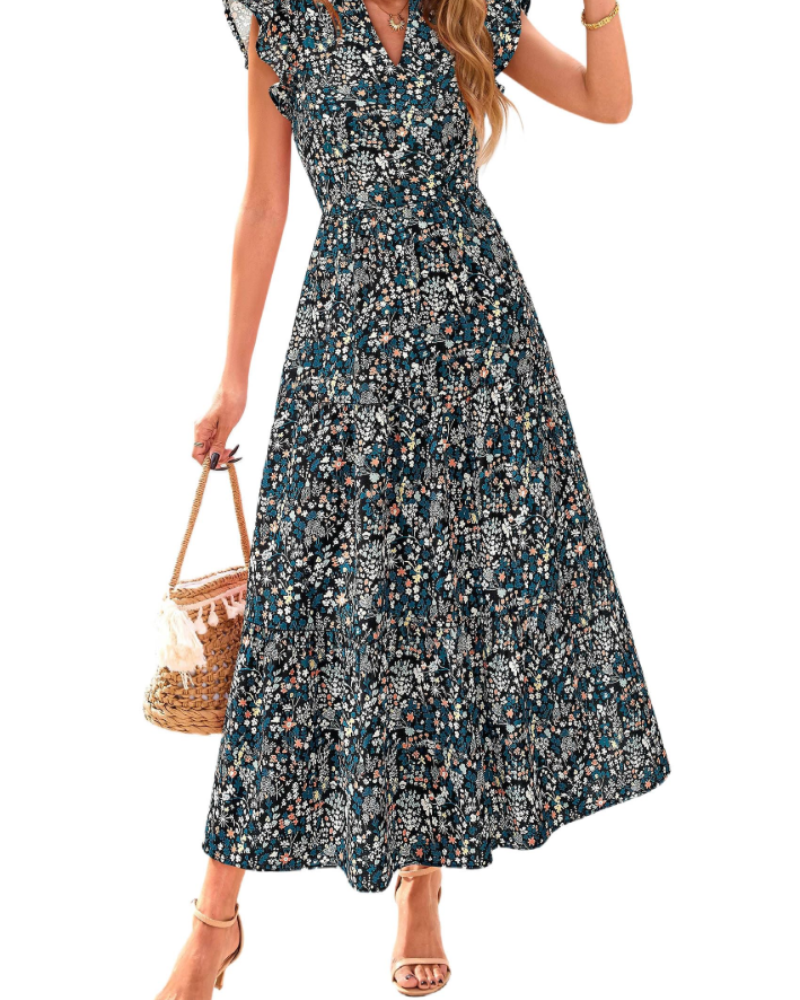 Olivia Damen-Midikleid mit Blumenmuster – Boho-V-Ausschnitt mit Volants und Taschen