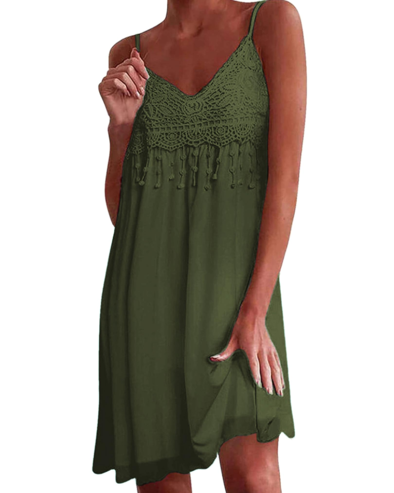 Vestido Mini Bohème Nerissa para Mulher – Decote em V com Alças Ajustáveis, Renda e Franjas