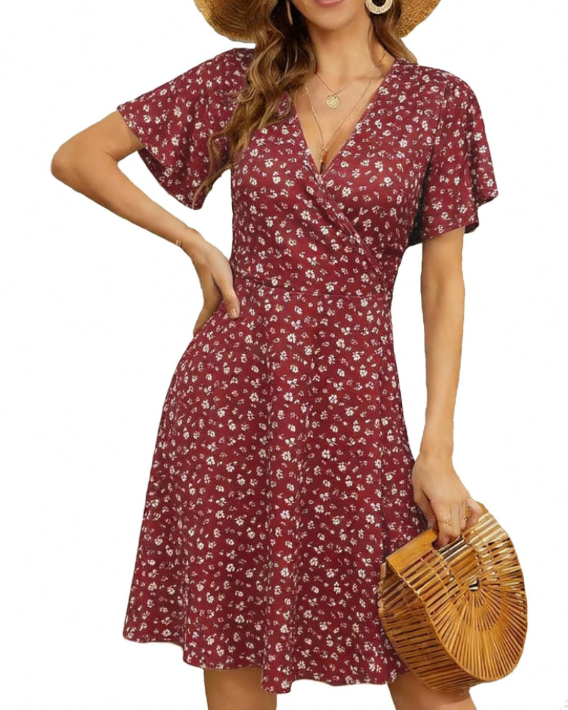Vestido Marissa para Mulher – Vestido Midi Floral com Decote em V e Mangas com Folhos