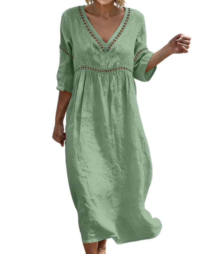 Rosalie Damen Langkleid aus Baumwolle und Leinen – V-Ausschnitt, 3/4-Ärmel, Boho-Stil
