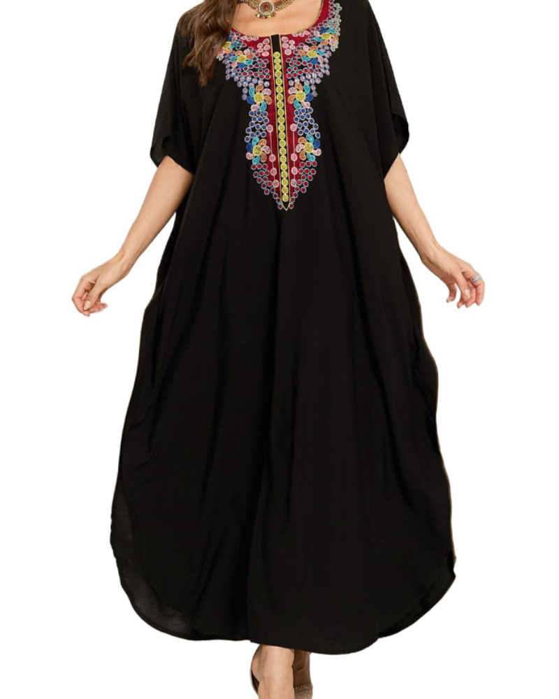 Isadora Kaftan Bohème Mulher – Vestido de Praia Oversize Bordado Estilo Resort