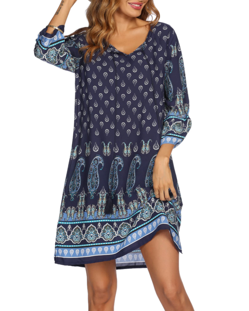 Vestido Túnica Boémia para Mulher Eleanor – Vestido com Decote em V em Viscose com Mangas 3/4 Estampado