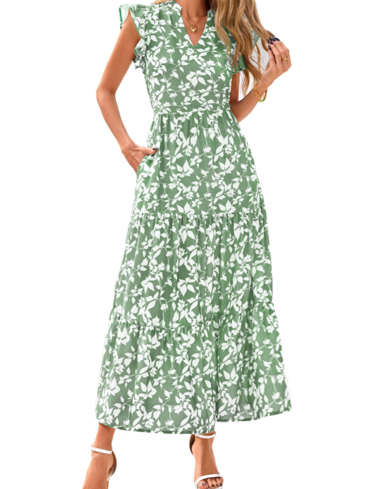 Olivia Damen-Midikleid mit Blumenmuster – Boho-V-Ausschnitt mit Volants und Taschen